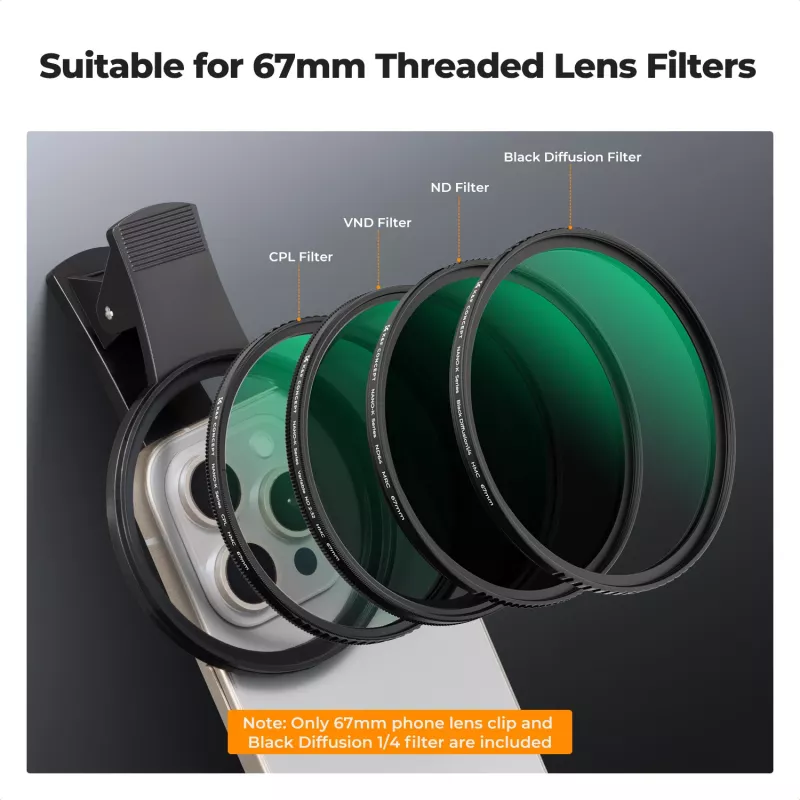 KF Black Diffusion 1/4 filter 67mm met clip-on-adapter voor smartphone