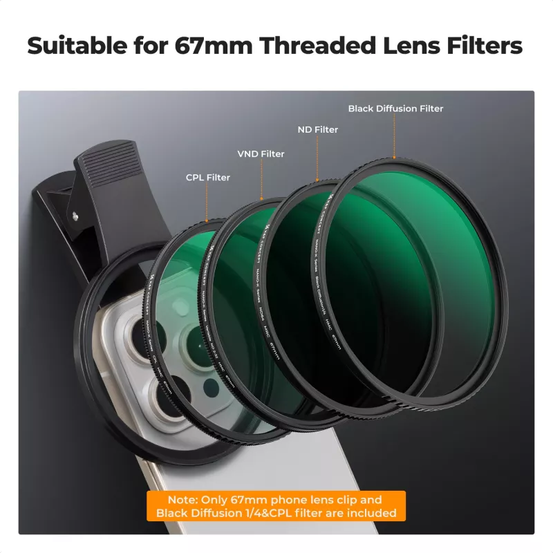 KF 2-in-1 Black Diffusion 1/4 + CPL telefoonfilterset 67mm clip-on