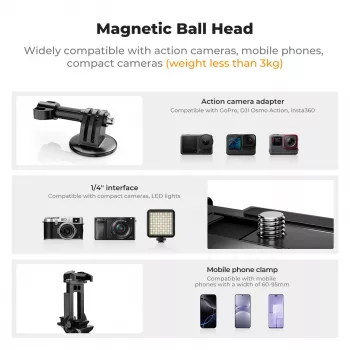 KF 3D-kogelkop magneetstatiefhouder voor GoPro smartphone camera met 1/4 inch schroefdraad KF31.156 zwart