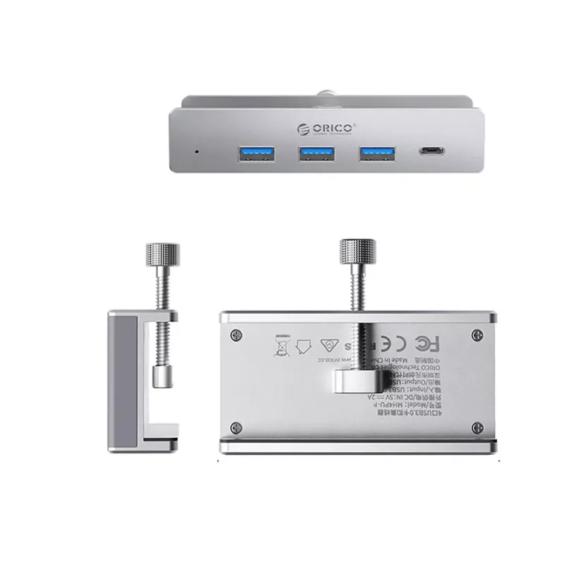 ORICO MH4PC USB-C-hub met klembevestiging, 3x USB-A 3.0 + 1x USB-C 3.0, zilver