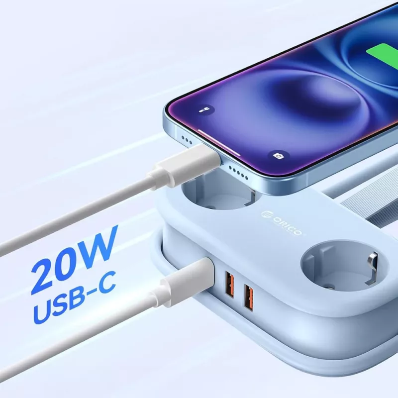 ORICO AP3 20W GaN stekkerdoos 5-in-1, 2x AC + 2x USB-A + 1x USB-C, blauw