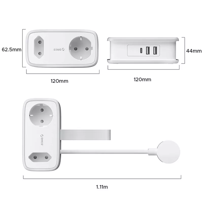 ORICO APP 15,5W 5-in-1 stekkerdoos met 2x AC, 2x USB-A, 1x USB-C - wit