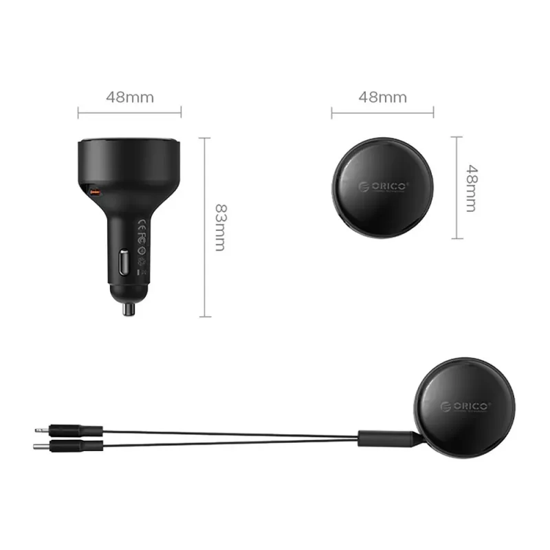 ORICO Dual Stretch 60W USB-C autolader met twee intrekbare kabels USB-C + Lightning - zwart