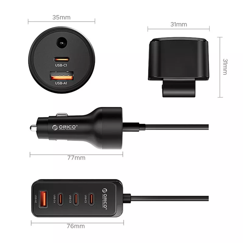 ORICO ChargeClip 108W autolader met clip, 2x USB-A + 4x USB-C, zwart