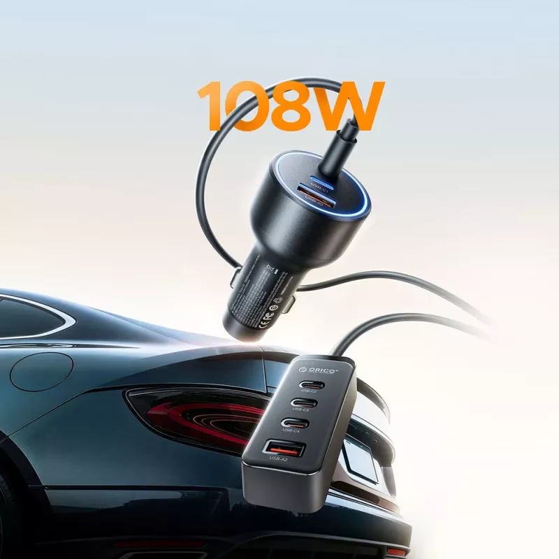 ORICO ChargeClip 108W autolader met clip, 2x USB-A + 4x USB-C, zwart