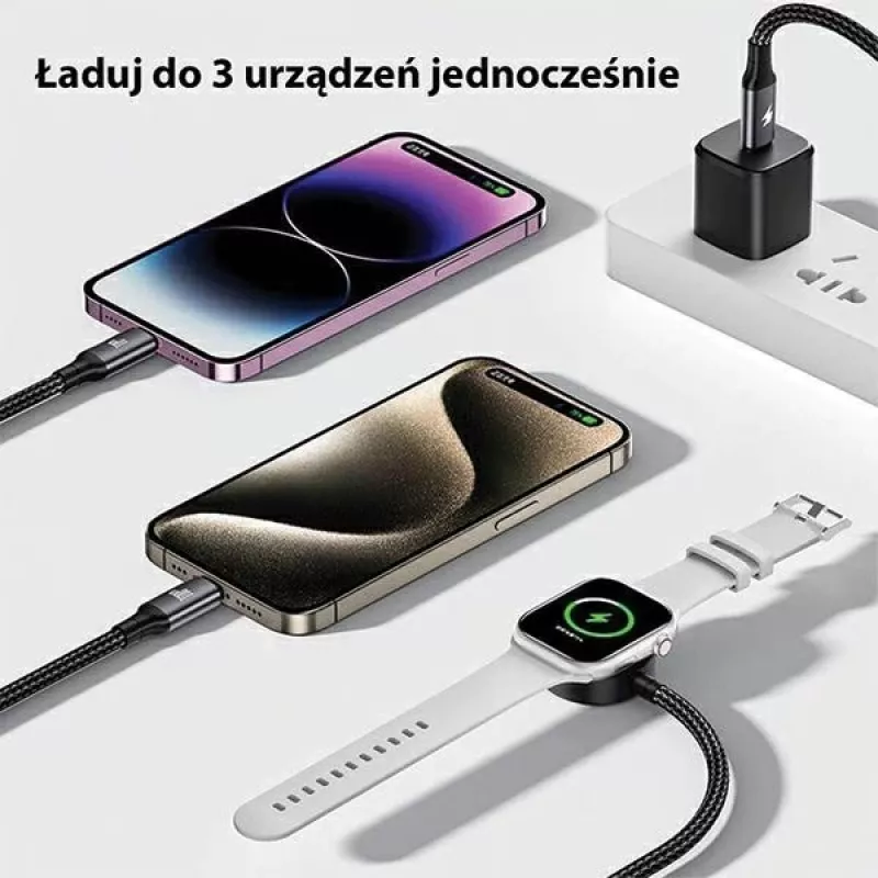 AWEI W23 3-in-1 USB-C/Lightning/Apple Watch oplaadkabel 100W/10W/2,5W zwart