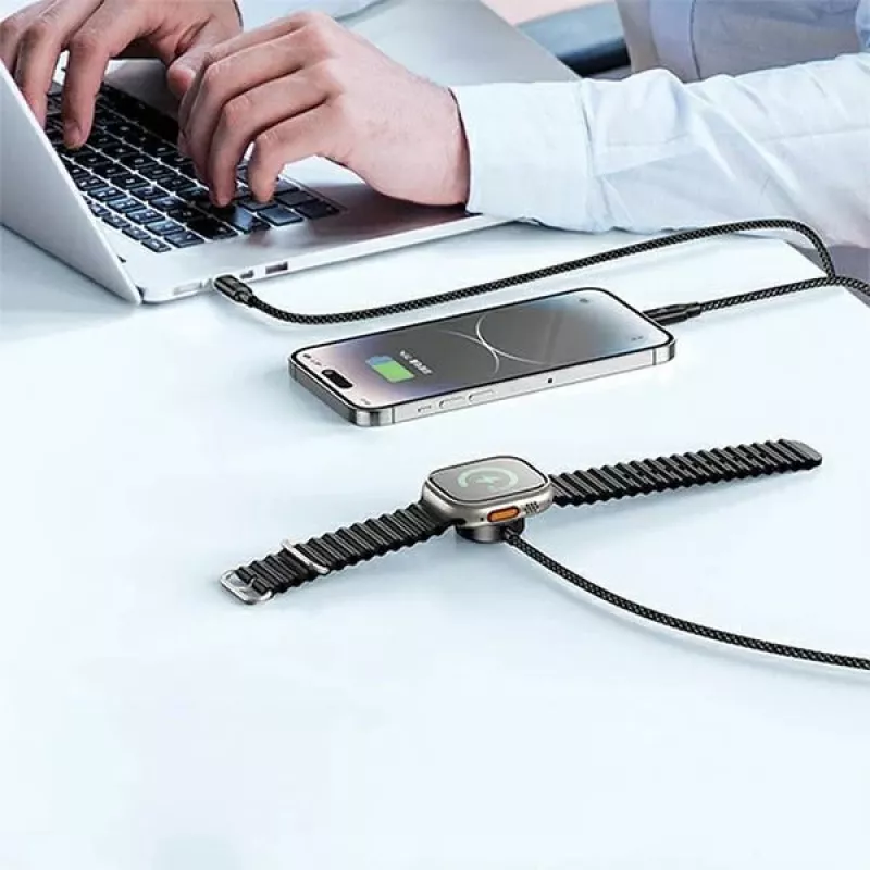 AWEI W23 3-in-1 USB-C/Lightning/Apple Watch oplaadkabel 100W/10W/2,5W zwart