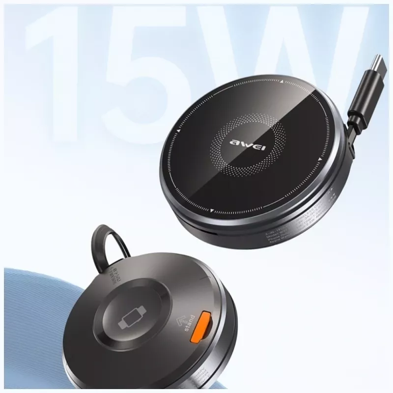 AWEI W27 3-in-1 draadloos oplaadstation 15W snelladen met USB-C-kabel zwart