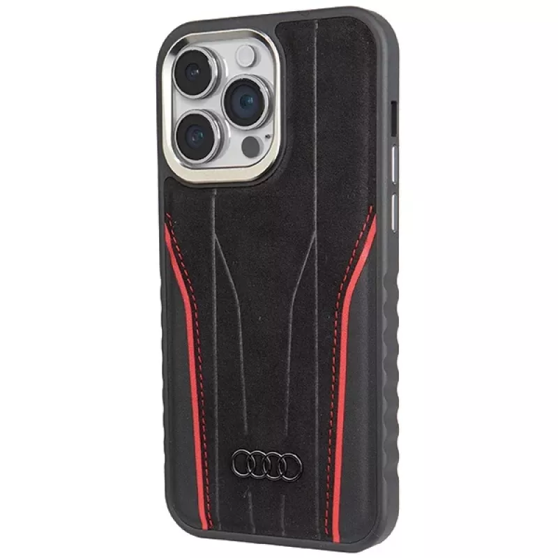 Audi Echt Leren MagSafe iPhone 15 Pro 6.1 Zwart-Rood Hardcase AU-TPUPCMIP15P-R8/D3-RD
