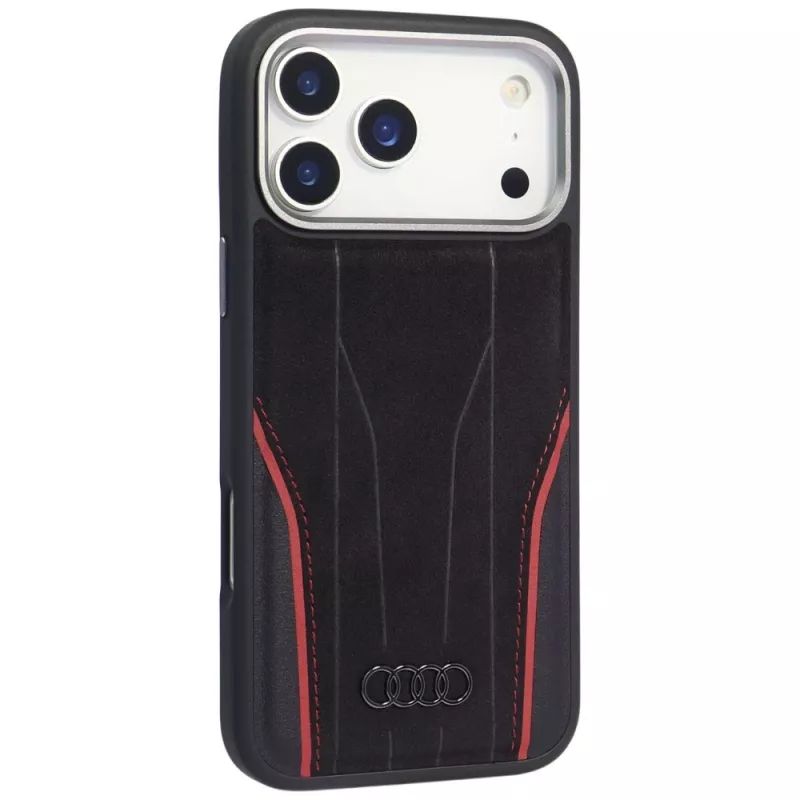 Audi R8 Genuine Leather MagSafe case voor iPhone 15 Pro zwart met rode accenten