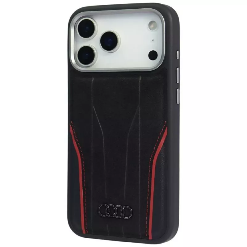 Audi R8 Genuine Leather MagSafe case voor iPhone 15 Pro zwart met rode accenten