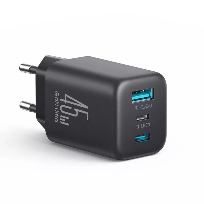 Joyroom JR-TO1 GaN 45W USB-C Lightning USB-A wandopladapter - Zwart