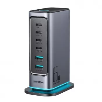 Joyroom JR-TCM02 GaN 65W multi-poort oplader 4x USB-C 2x USB-A EU-stekker Donkergrijs