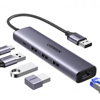 UGREEN 5-in-1 USB-A Hub naar 3x USB 3.0 + RJ45 + USB-C (Zilver)
