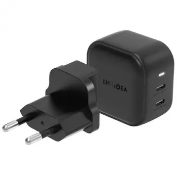 ENERGEA Travelite GAN45 45W GaN USB-C reisoplader met twee poorten en US+EU-adapters, zwart