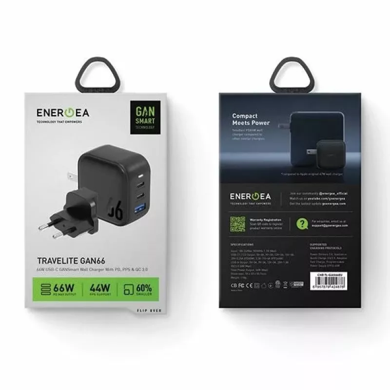 ENERGEA Travelite GAN66 66W GaN USB-C-oplader 2C1A zwart US+EU