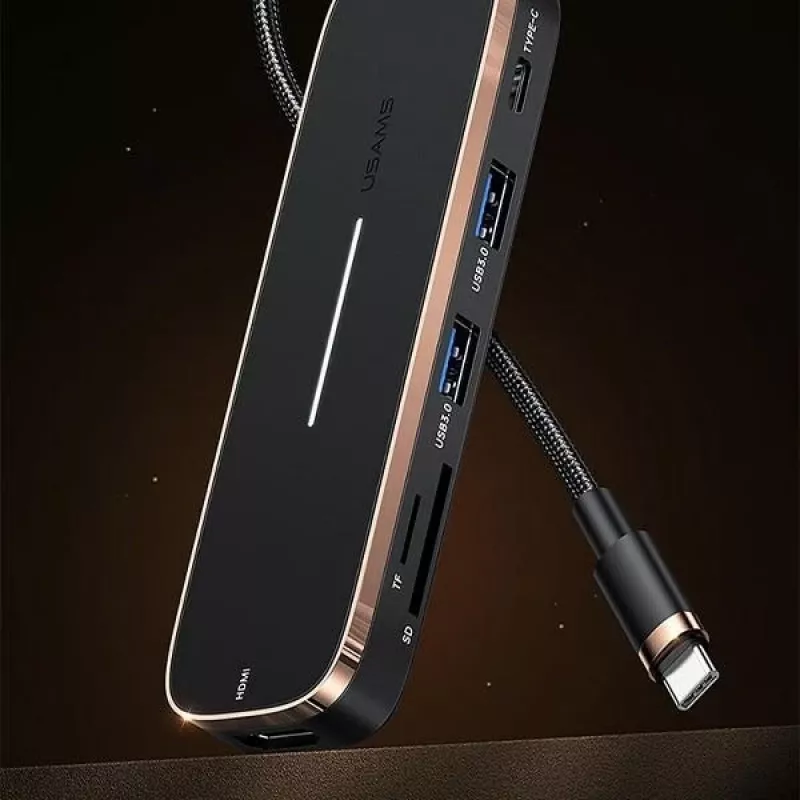 USAMS SJ575HUB01 USB-C-hub 2x USB-A USB-C PD HDMI SD Micro SD-kaartlezer zwart