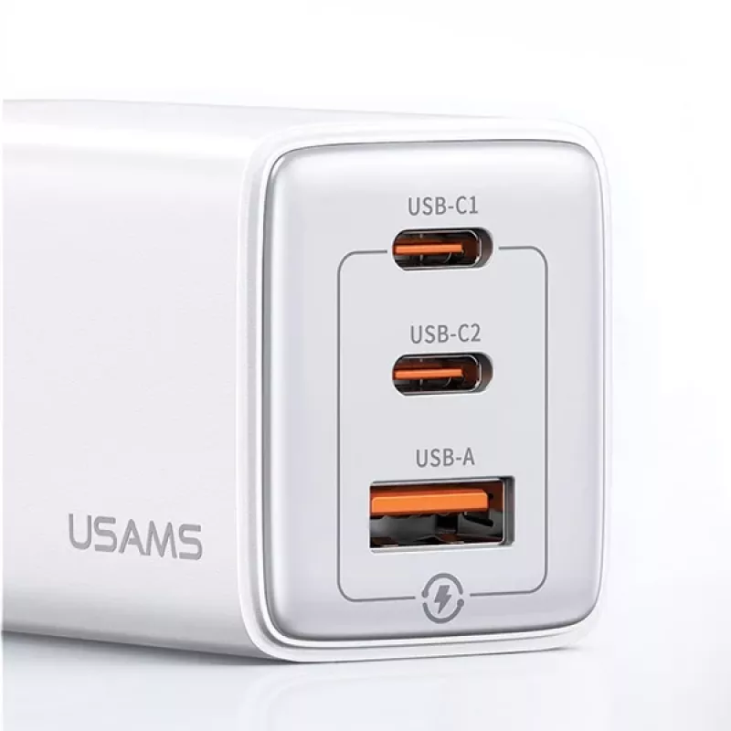 USAMS Sandru-serie CC180TC02 GaN 65W USB-C-oplader (wit) - 2xUSB-C + 1xUSB-A, PD3.0 & QC3.0 snelladen, EU-stekker