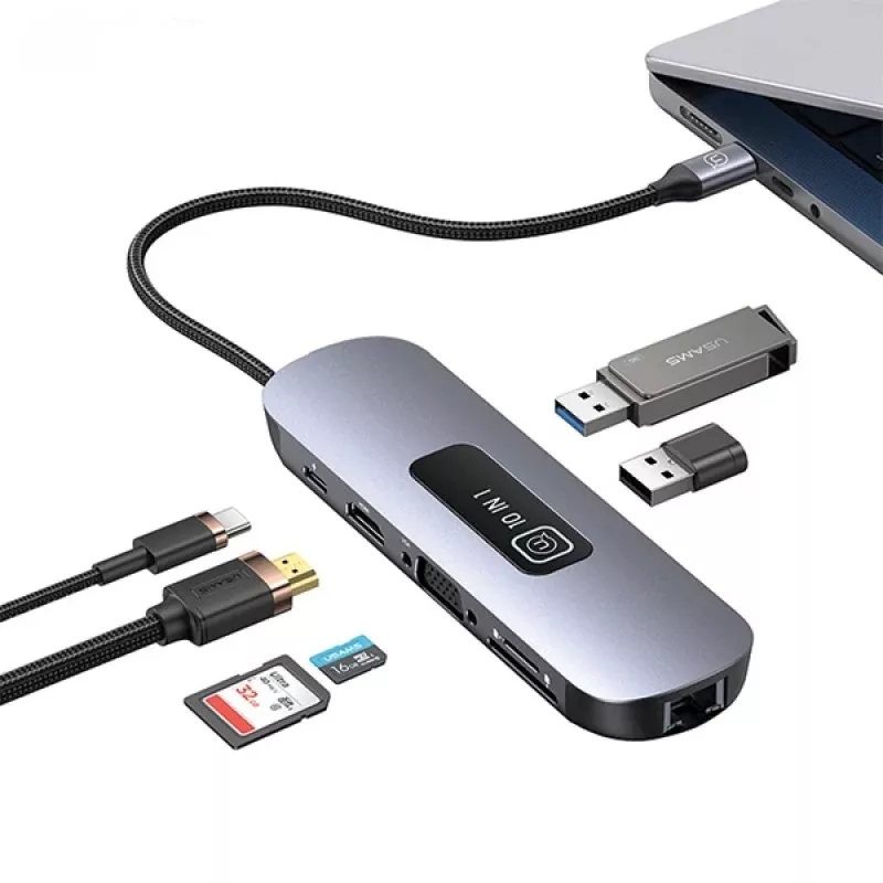 USAMS 10-in-1 USB-C-hub adapter 3x USB 3.0, SD/TF, HDMI, VGA, RJ45, PD 100W, grijs