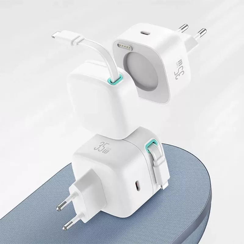 USAMS XMF-serie CC209TC02 GaN 35W snellader met intrekbare Lightning-kabel, wit