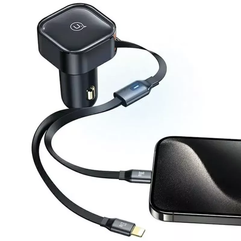 USAMS auto-oplader met intrekbare kabel 2xUSB-C C41 PD 30W snelladen zwart CC220CC01 (US-CC220)