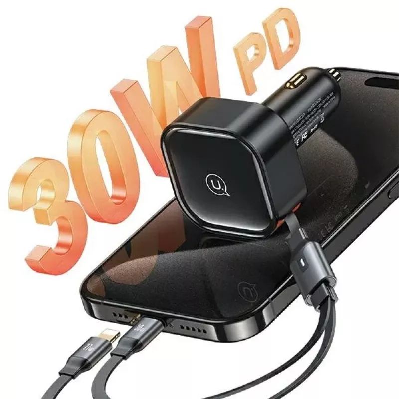 USAMS auto-oplader met intrekbare kabel 2xUSB-C C41 PD 30W snelladen zwart CC220CC01 (US-CC220)