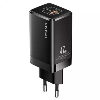 USAMS T41 GaN 47W USB-C+USB-A snellader EU-stekker zwart