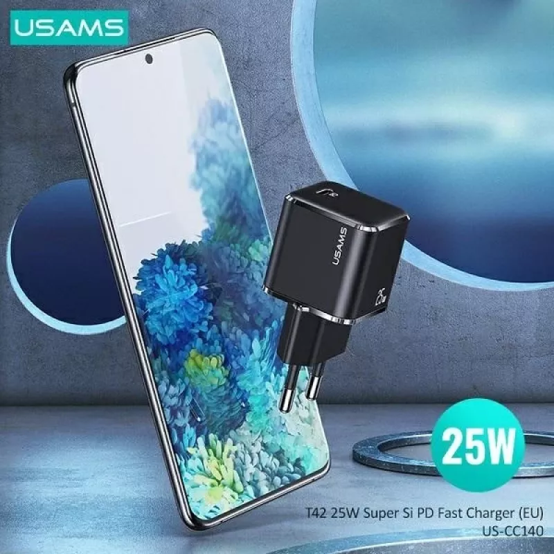 USAMS T42 Mini 25W USB-C PD3.0 snellader (alleen kop) zwart CC140TC01