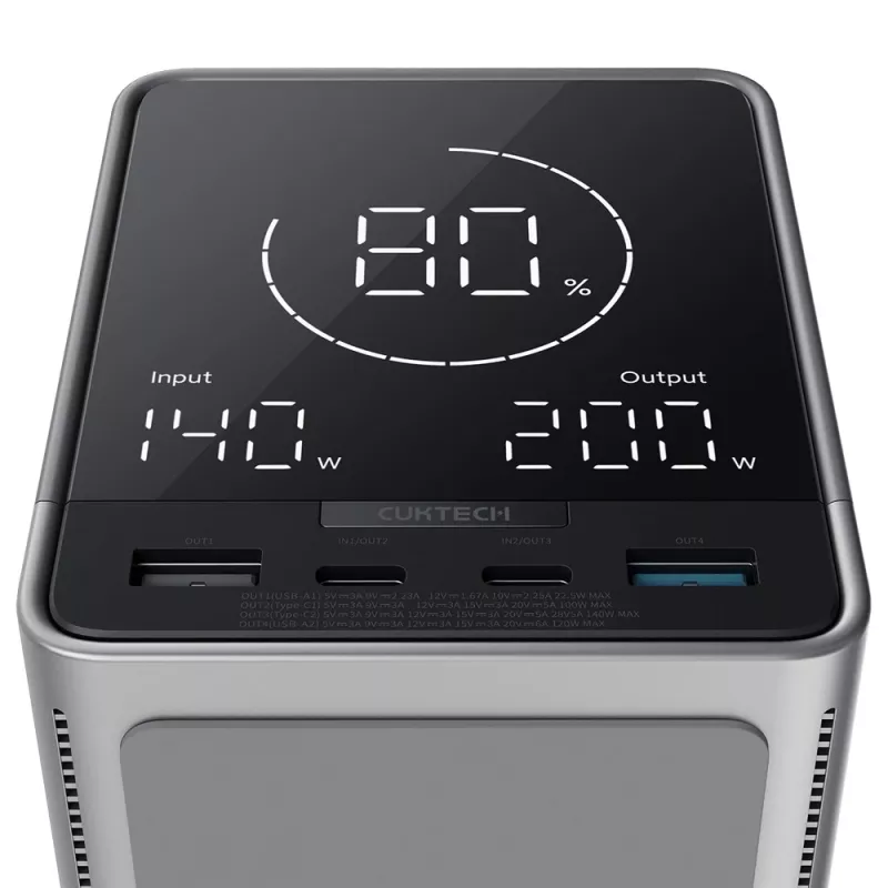 CUKTECH 300W 40000 mAh Powerbank met Draadloos Laden 2x USB-C + 2x USB-A Zwart