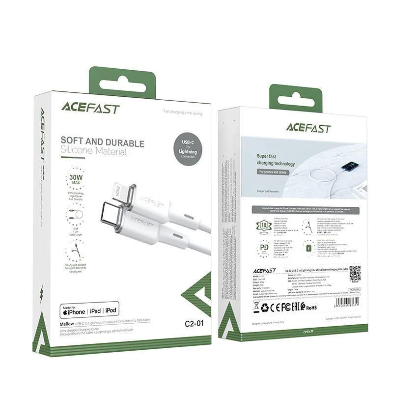 ACEFAST MFI USB-C naar Lightning kabel 1,2m, 30W, 3A, zwart (C2-01)
