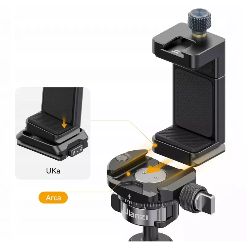 Ulanzi MA33 telefoonhouder met 2x cold shoe mounts en Arca-Swiss basis