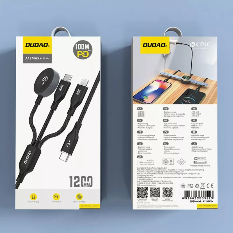 Dudao A12Max+ 3-in-1 multi-laadkabel USB-C naar Lightning + USB-C + Apple Watch, 100W PD, 1,2m, zwart