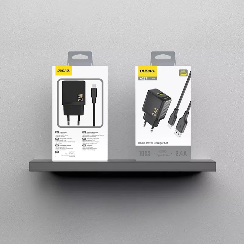 Dudao A23TEU 12W USB-A wandlader met 1m USB-A naar USB-C-kabel, zwart
