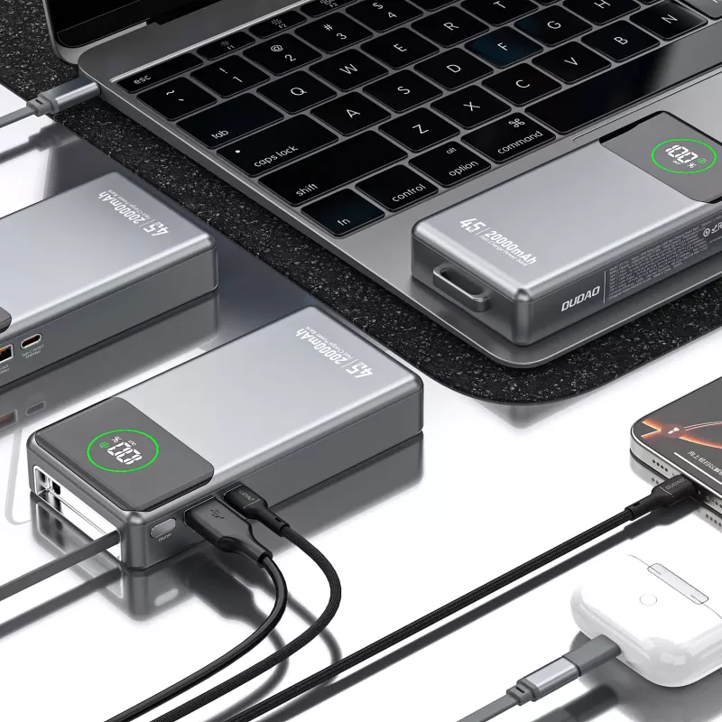Powerbank Dudao K31 Pro 45W 20000mAh met geïntegreerde uitschuifbare USB-C-kabel - grijs