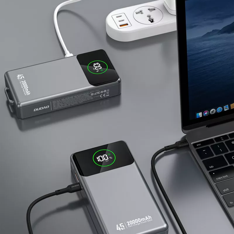 Powerbank Dudao K31 Pro 45W 20000mAh met geïntegreerde uitschuifbare USB-C-kabel - grijs