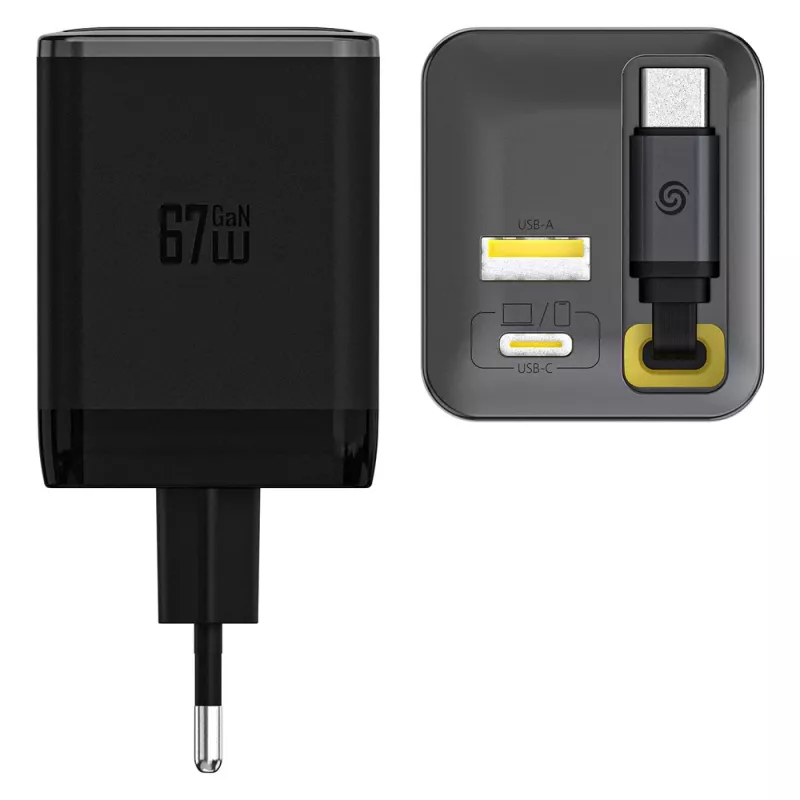 Dudao A67EU GaN 67W oplader met geïntegreerde uitschuifbare USB-C-kabel, Power Delivery Quick Charge - zwart