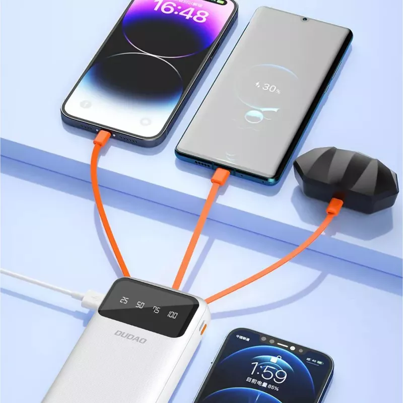 Dudao K6Pro+ powerbank 20000mAh met 4 geïntegreerde kabels USB-C, Micro USB, Lightning, USB-A (ingang) - wit