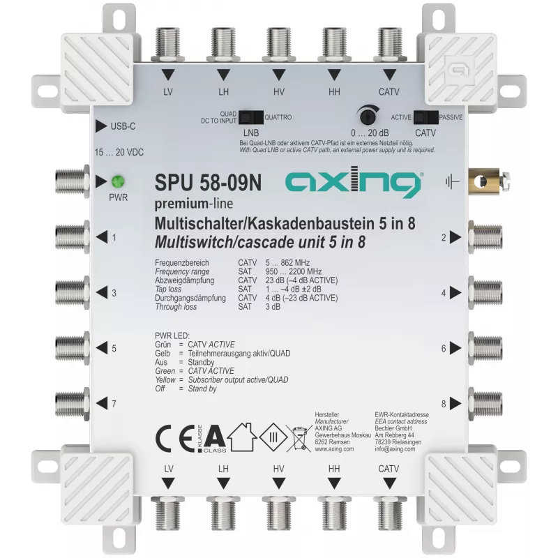 AXING SPU 58-09N 5-in-8 actieve multiswitch, geschikt voor retourkanaal
