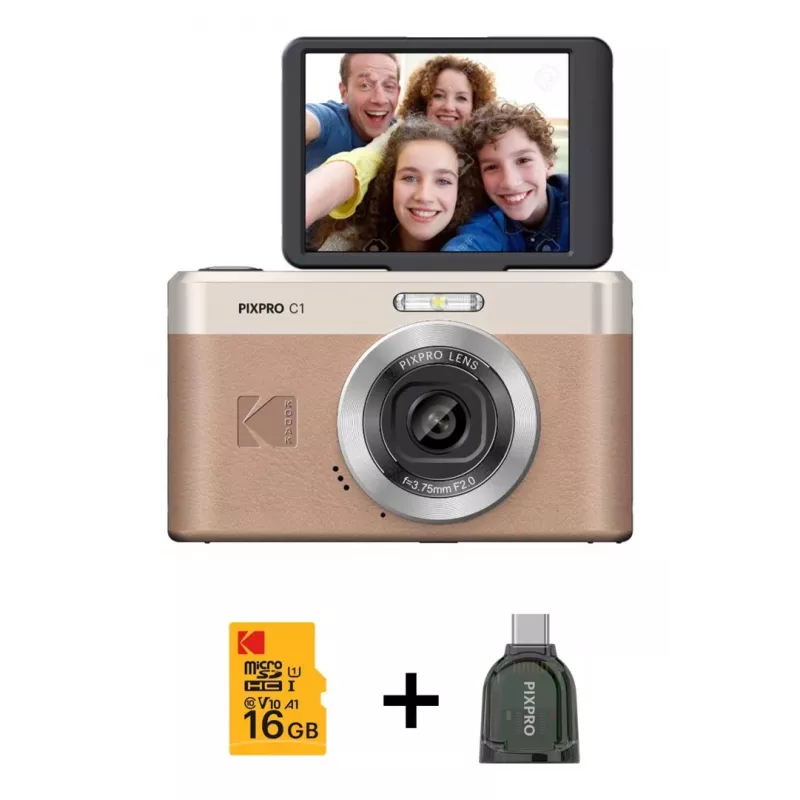 Kodak PixPro C1 digitale camera bruin + 16GB geheugenkaart