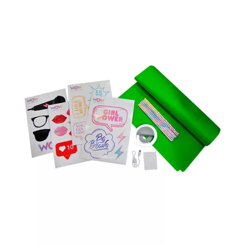 KIDS LED-ringlamp voor telefoon selfie vlog + accessoireset greenscreen 1,5x1m Wow Generation / Wow00024