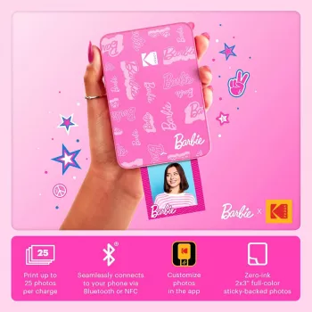 KODAK Step Slim Barbie instant fotoprinter - Bluetooth 5.0, ZINK Zero Ink-technologie, 2x3 inch afdrukken, Barbie roze