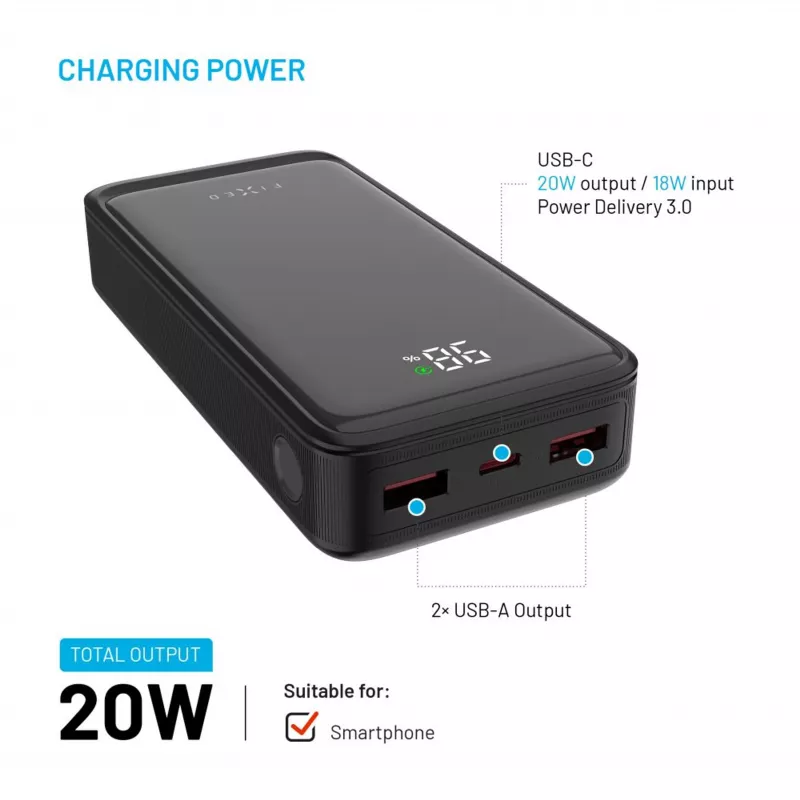 Fixed Zen2 20 Powerbank, 20000 mAh, PD 20 W, lcd-display, zwart