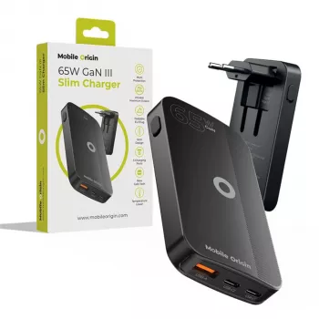 Mobile Origin 65W GaN Slim dual USB-C single USB-A zwarte wandlader