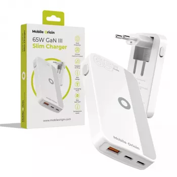 Mobile Origin 65W GaN Slim dual USB-C single USB-A wandlader, wit