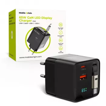 Mobile Origin 65W GaN-oplader USB-C oprolbaar kabel + USB-A 75cm