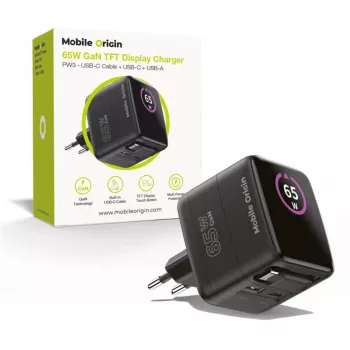 Mobile Origin 65W GaN-oplader PW3 USB-C oprolbaar kabel 65cm + USB-A zwart