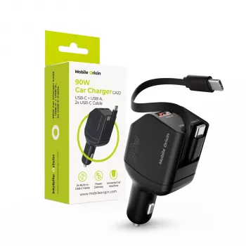 Mobile Origin 90W autolader CA22 USB-C+USB-A met 2x 60cm kabels