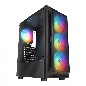 Rampage SHIVA mid tower pc-behuizing met zijvenster van gehard glas en 4x 120mm rainbow RGB-ventilatoren, zwart