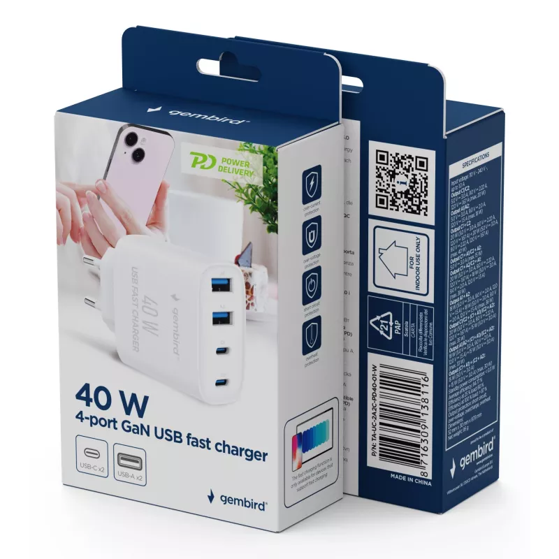 GEMBIRD TA-UC-2A2C-PD40-01-W GaN USB PD 4-poorts lader, 40 W, wit