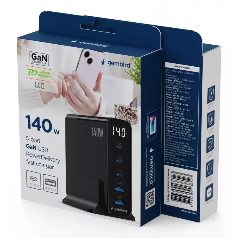 GEMBIRD TA-UC-2A3C-PD140-01-BK GaN 5-poorts USB-C & USB-A snellader, 140 W, zwart
